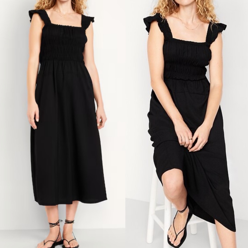 Old Navy Fit & Flare Lightweight Smocked Midi Dress Black NWT